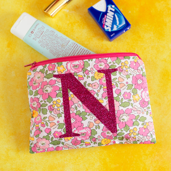 Liberty Fabric Makeup Pouch with Glitter Monogram - Floral Design