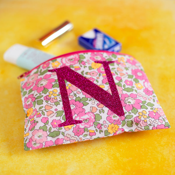 Liberty Fabric Makeup Pouch with Glitter Monogram - Floral Design