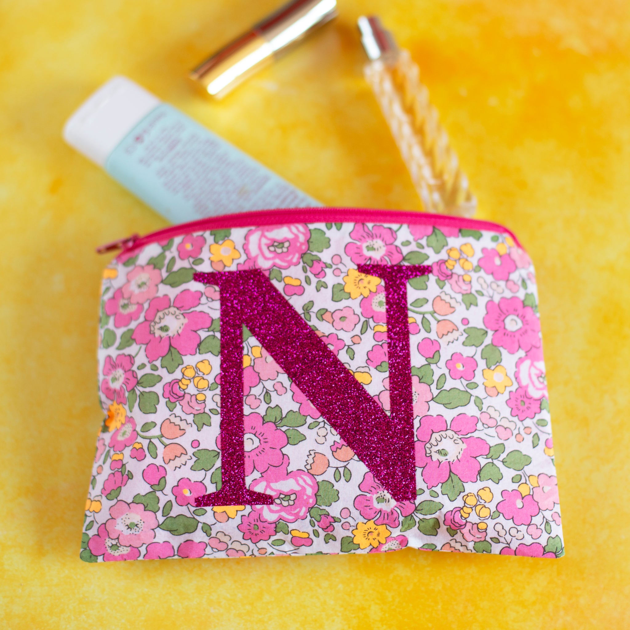 Liberty Fabric Makeup Pouch with Glitter Monogram - Floral Design